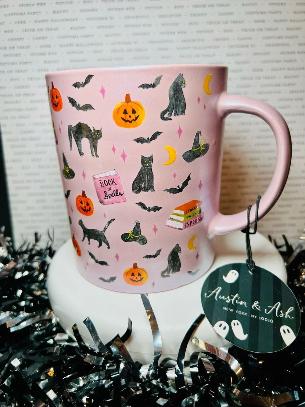 Halloween Black Cats & Books Ceramic Mug Lavender Pearl Bats Witch Hat Spells